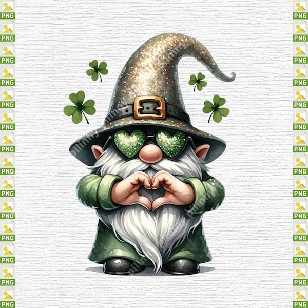 Watercolor St. Patrick's Day gnome - Spring clipart PNG - St Patrick Day Clipart - Glitter Hat Gnome with Heart - St. Patrick's Day crafts