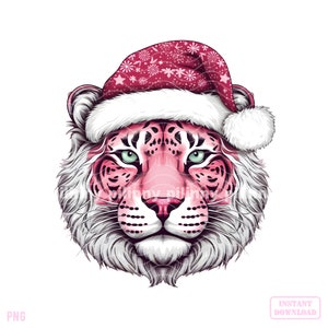 Tigre di Natale rosa PNG, Clipart di animali di Natale carini, Cappello di Babbo Natale Tigre Arte digitale, Design di sublimazione per le feste, Illustrazione di fauna selvatica festiva