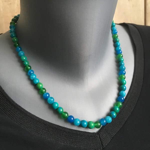 Collier perles pierres rondes 6 mm, dégradé de bleus, turquoises et verts, longueur réglable (ajustable, motifs naturels, gemme minérale)