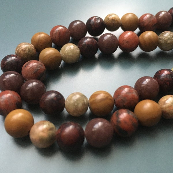 Collier perles pierres rondes, dégradé marron, nuances, beige, rouge, vert, fermoir mousqueton (gemme minérale, unakite, jaspe, aventurine)