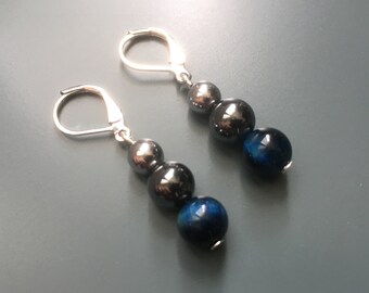 Pair Earrings pearls real natural stones tiger eye blue and hematite with sleeper ties plated sterling silver