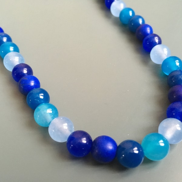 Collier long perles pierres naturelles de Jade qualité AAA, Agate et Magnésite, bleu foncé, turquoise, blanc transparent (bijoux, femme)