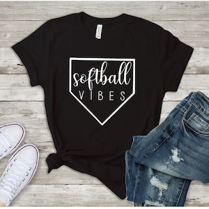 May include: Black t-shirt with a white baseball diamond graphic and the text "softball vibes" inside the diamond.