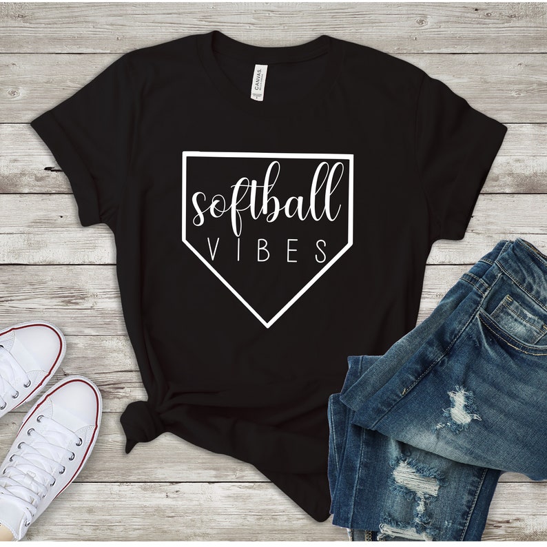 May include: Black t-shirt with a white baseball diamond graphic and the text "softball vibes" inside the diamond.