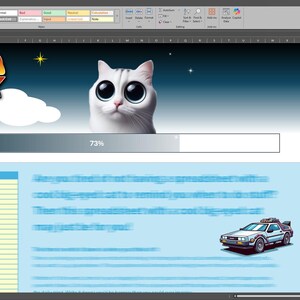 May include: A blue and black background with a white cat with large eyes. The text "Back to the Task" is in red and white. A progress bar shows 75% complete. A table with a list of tasks is shown. A DeLorean time machine is shown on a blue background.