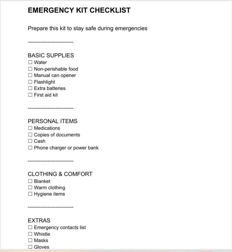 Emergency Kit Checklist - Etsy