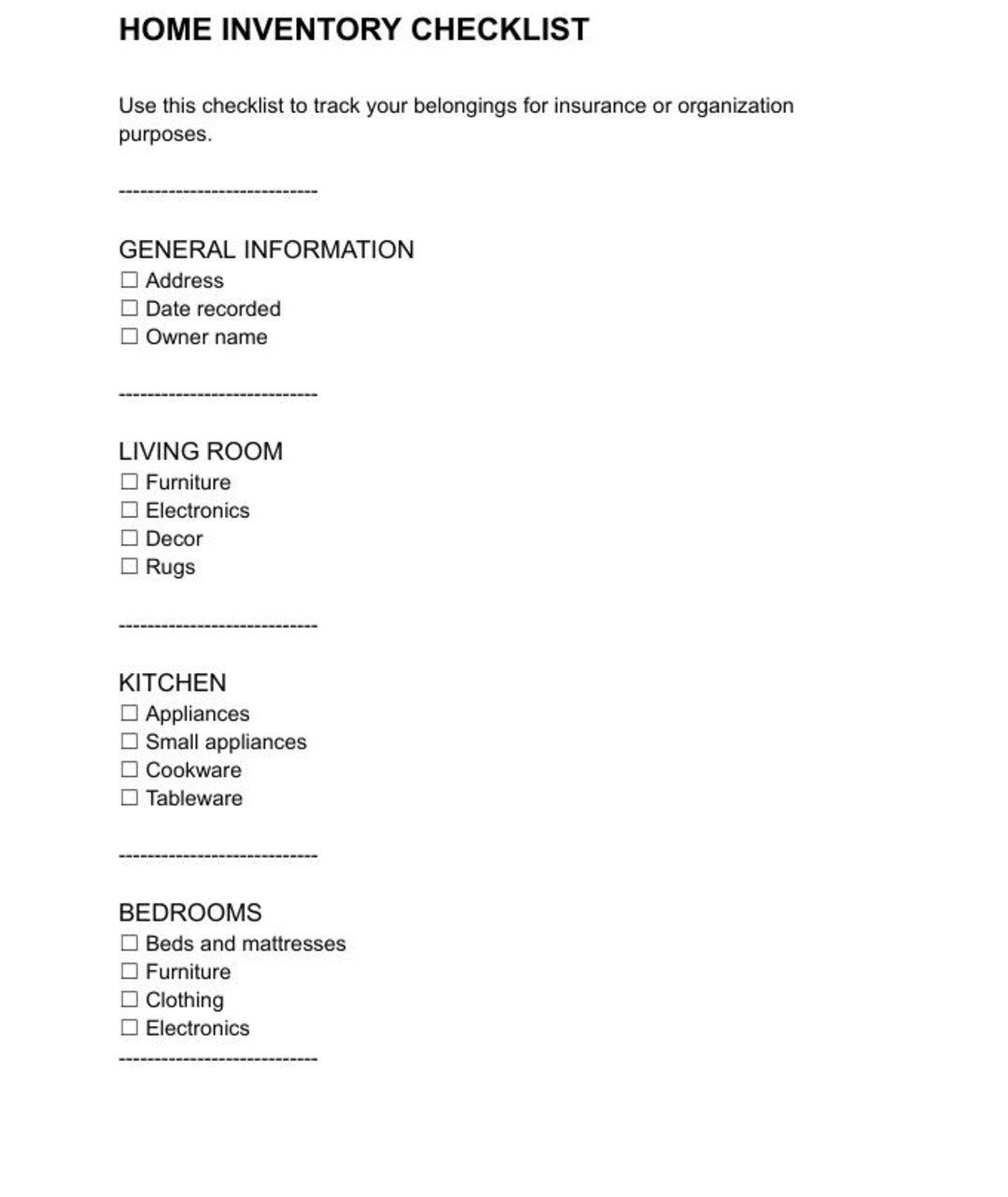 HOME INVENTORY CHECKLIST - Etsy