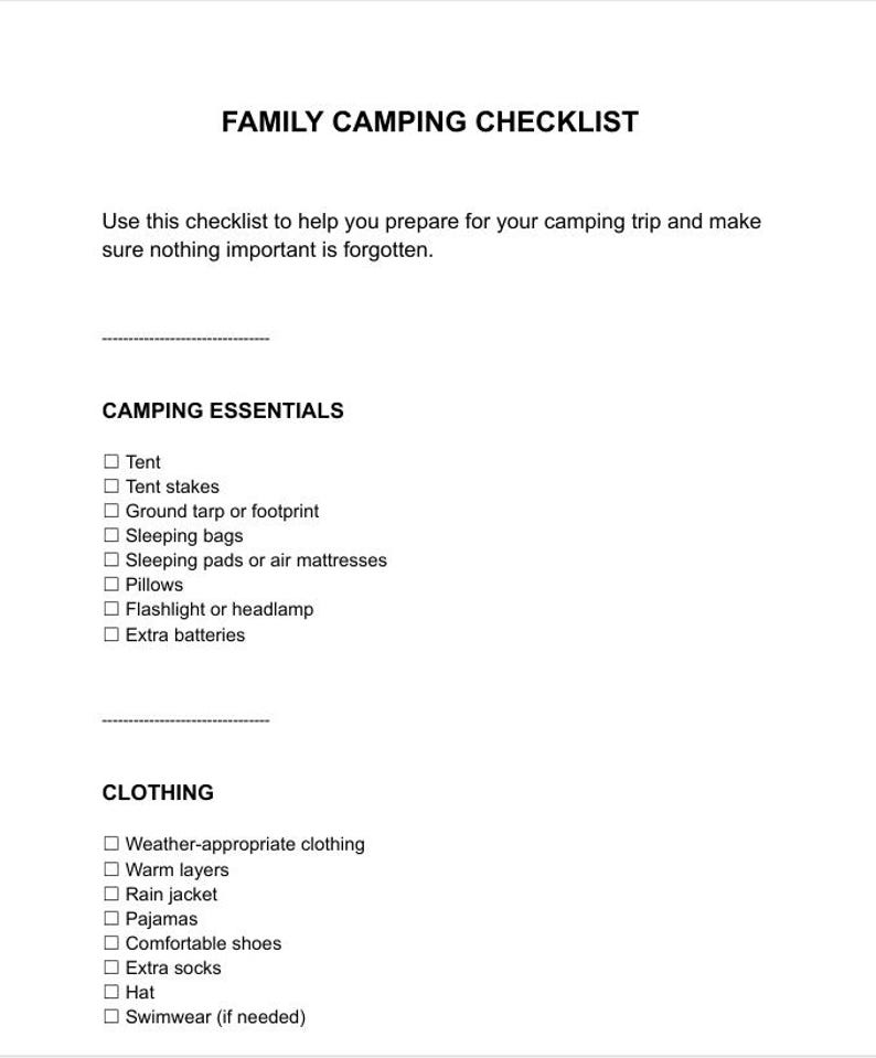 Family Camping Checklist | Printable Packing List (google Docs) - Etsy ...