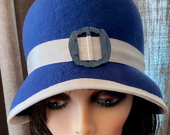 French blue Royal blue and white cloche vintage boating nautical  1920s peaky blinders  flapper Downton Sustainable fashion unique handmade