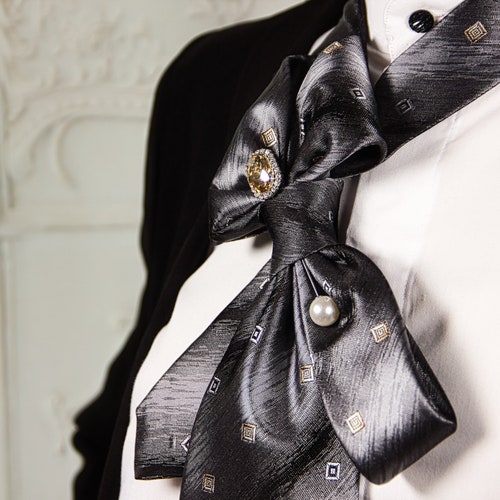 Black necktie necklace, silk neck tie, silk ascot tie, shops ladies necktie for women's suit.