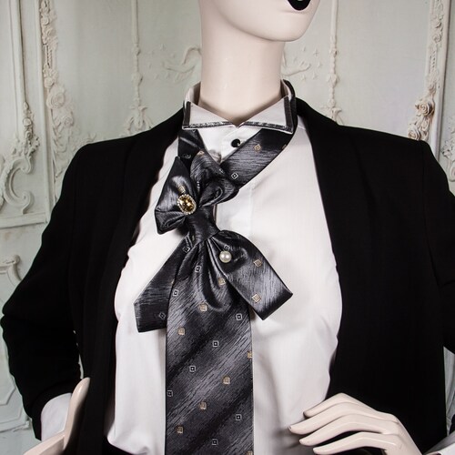 Black necktie necklace, silk neck tie, silk ascot tie, shops ladies necktie for women's suit.