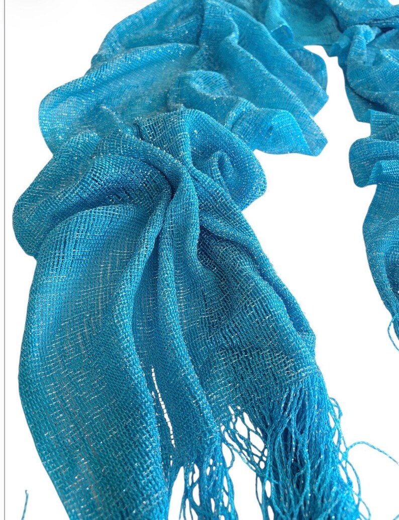 Turquoise blue Shimmer shiny sparkle metallic sheer mesh scarf|wedding favors|Evening coverup|Beach Sarong|Mantilla|Rave Festival Scarf image 17