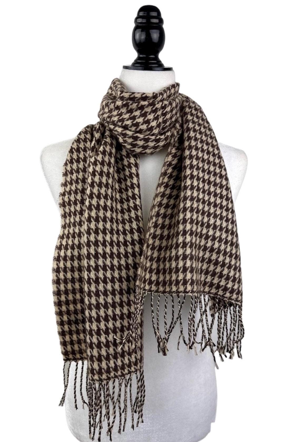 Tan and Brown Houndstooth Scarf - Acrylic Unisex Classic Neck