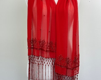 Red Sheer Chiffon floral beads embellished scarf for women|Dressy Formal Shawl|Bridal wedding wrap|wedding favors|Evening coverup|Shrug Sash