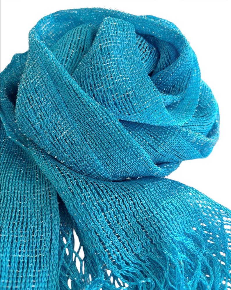 Turquoise blue Shimmer shiny sparkle metallic sheer mesh scarf|wedding favors|Evening coverup|Beach Sarong|Mantilla|Rave Festival Scarf image 9