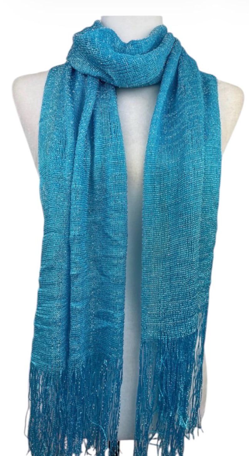 Turquoise blue Shimmer shiny sparkle metallic sheer mesh scarf|wedding favors|Evening coverup|Beach Sarong|Mantilla|Rave Festival Scarf image 8