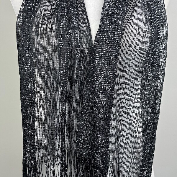 Fashionable Black silver shimmering shiny sparkle metallic sheer mesh scarf|Evening coverup|Beach Sarong|Mantilla|Rave Festival Scarf|