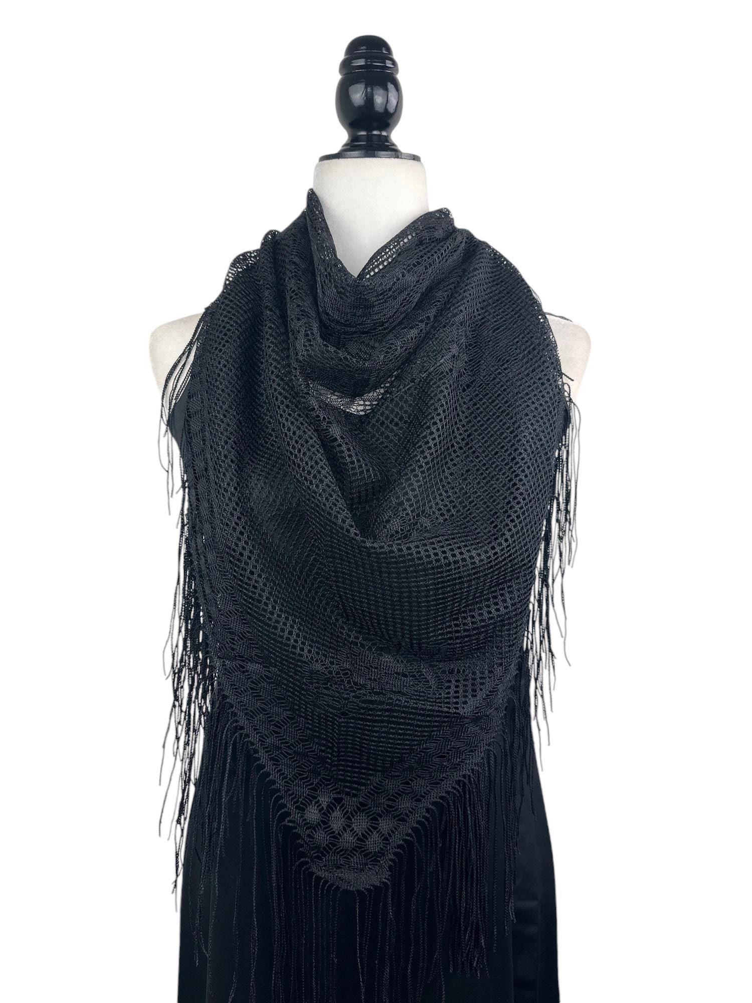 Black Net Triangle Scarf – Lightweight Transparent Shawl Wrap