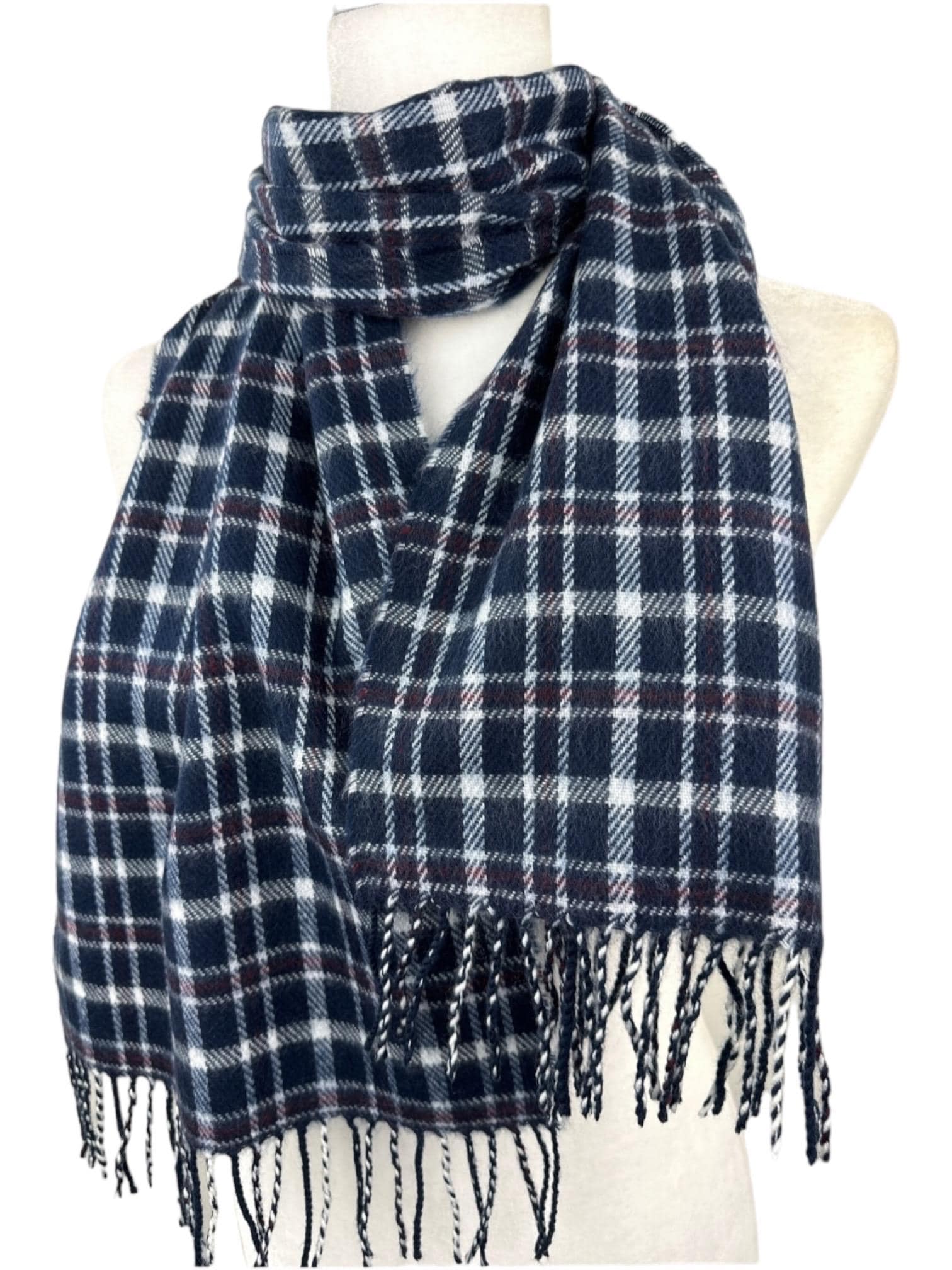 Tartan Plaid Winter Scarf: Navy Blue & White Acrylic, Soft Unisex