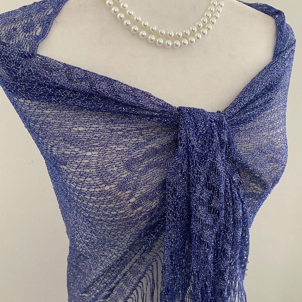 Blue lace Sheer chiffon triangle Scarf|Festive shiny sparkle silver shimmery triangular Shawl|Beachwear Sarong|Mantilla|Belly dancing scarf|