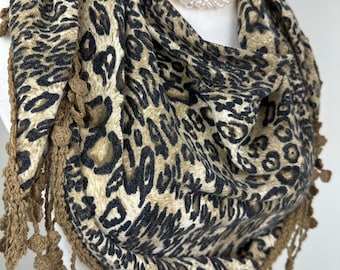 Beige animal print knit scarf|Warm winter scarf for women|scarf for women|Stocking stuffers|Mantilla|Triangle winter scarf
