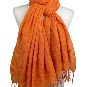 Orange Wool Embroidered Shawl: Minimalist Warm Wrap