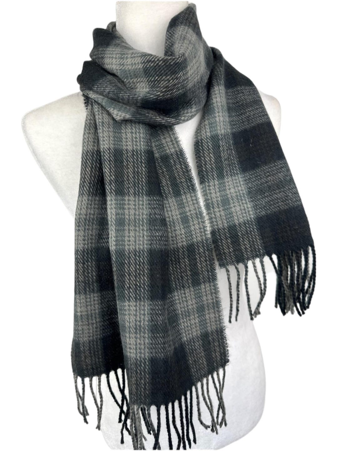 Unisex Striped Plaid Scarf – Gray Black Red White – Cashmere Feel, 100% Acrylic
