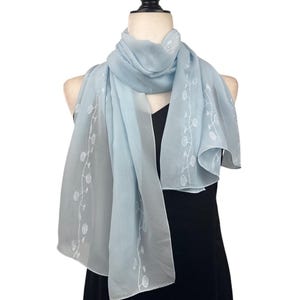 Blue floral embroidered Scarf|Lightweight All-Season Scarf|Poly Chiffon Fashion Scarf|Trendy & Non-Itchy, Non-Scratchy|Personalizable Gift