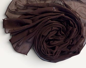 Brown Chocolate Chiffon Shawl – Sheer Lightweight Wedding Wrap  With Sequins, Elegant Evening Scarf, Bridesmaid Shawl