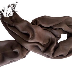 Pode incluir: Um cachecol castanho-escuro s&oacute;lido com uma textura suave e leve, apresentando um brilho subtil. O acess&oacute;rio retangular possui detalhes de franjas finas e delicadas em ambas as extremidades curtas, criando um visual simples e limpo.
