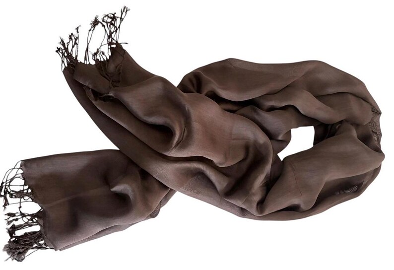 Pode incluir: Um cachecol castanho-escuro s&oacute;lido com uma textura suave e leve, apresentando um brilho subtil. O acess&oacute;rio retangular possui detalhes de franjas finas e delicadas em ambas as extremidades curtas, criando um visual simples e limpo.
