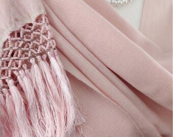 Pink Pashmina Silk Shawl with Beaded Tassels –Minimalist Luxury All-Season Wrap for Weddings, Everyday Wear & Dressy Occasions