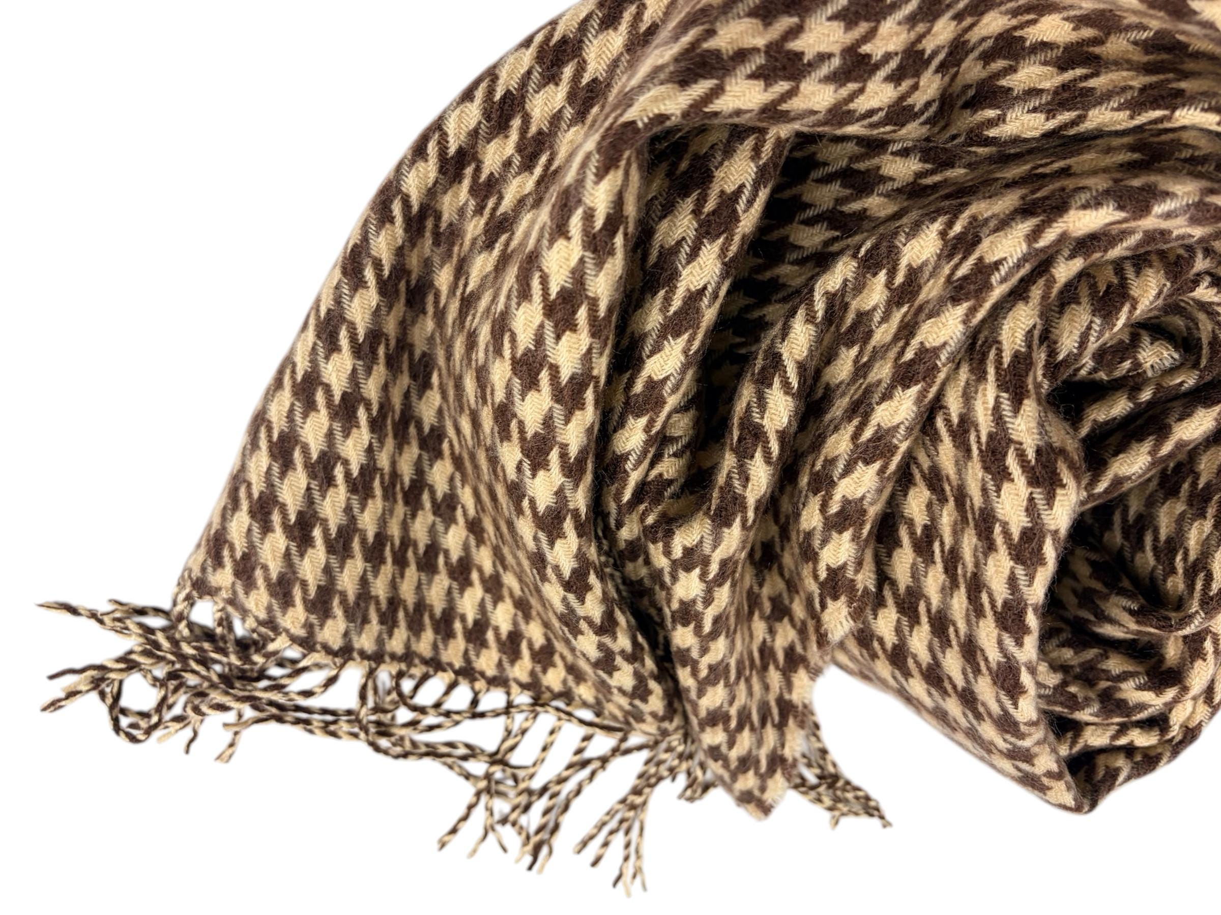 Tan and Brown Houndstooth Scarf - Acrylic Unisex Classic Neck