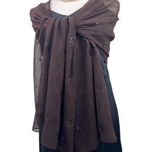 Brown Sheer Poly Chiffon Shawl |Elegant Embellished Special Occasion Wrap|Shrug Hijab Headscarf |Personalizable | 20&quot;X74&quot; |