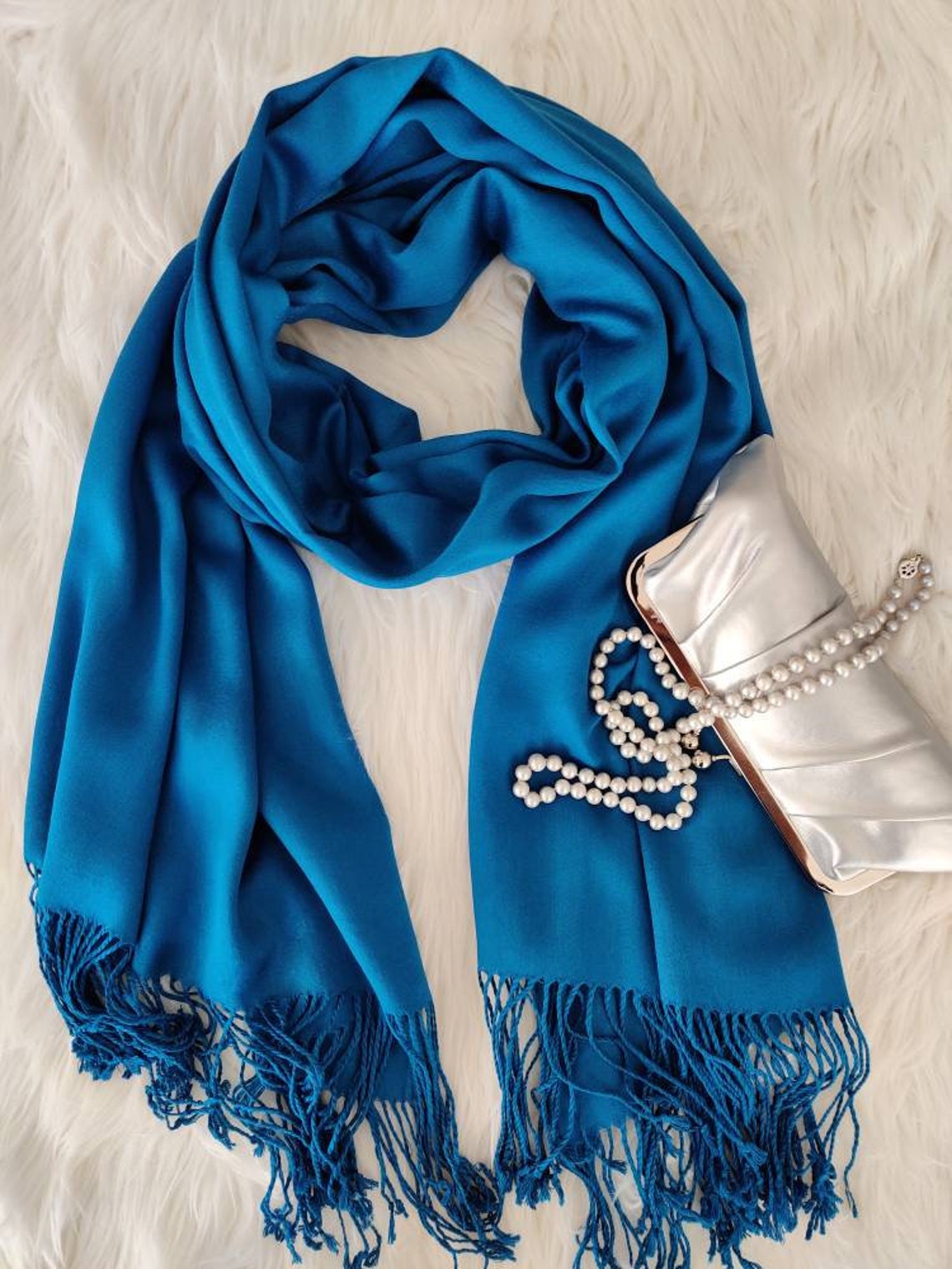 Großes blaues Tuch Schal Stola Wickel Pashmina Seidiger Etsy