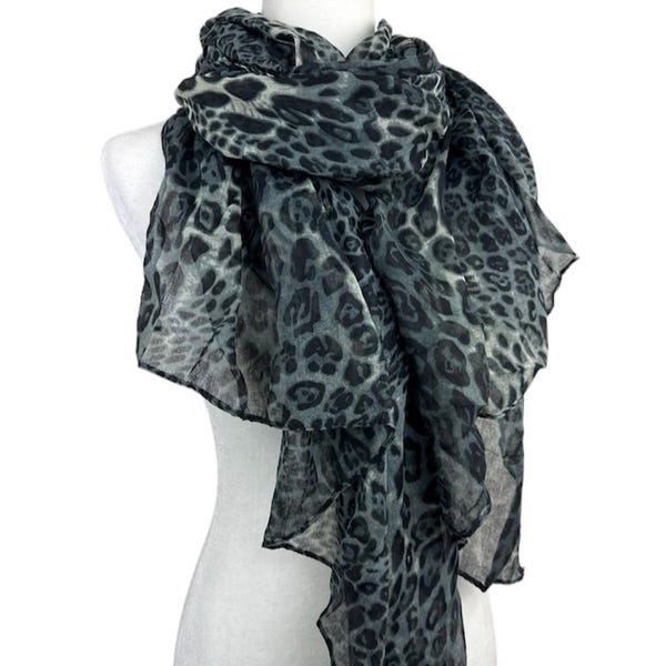 Black Gray Leopard Print Scarf | Elegant Lightweight All Season Everyday Chiffon Fashion Neck Scarf