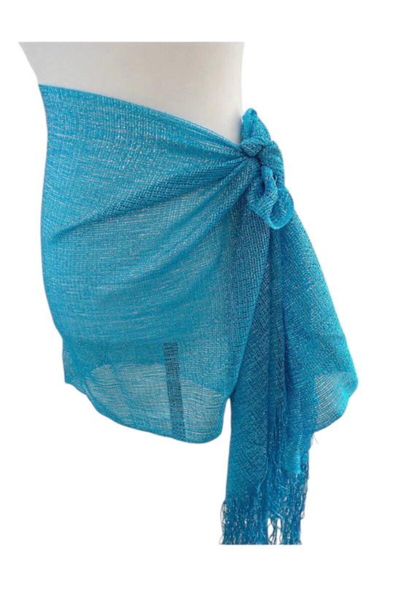 Turquoise blue Shimmer shiny sparkle metallic sheer mesh scarf|wedding favors|Evening coverup|Beach Sarong|Mantilla|Rave Festival Scarf image 5