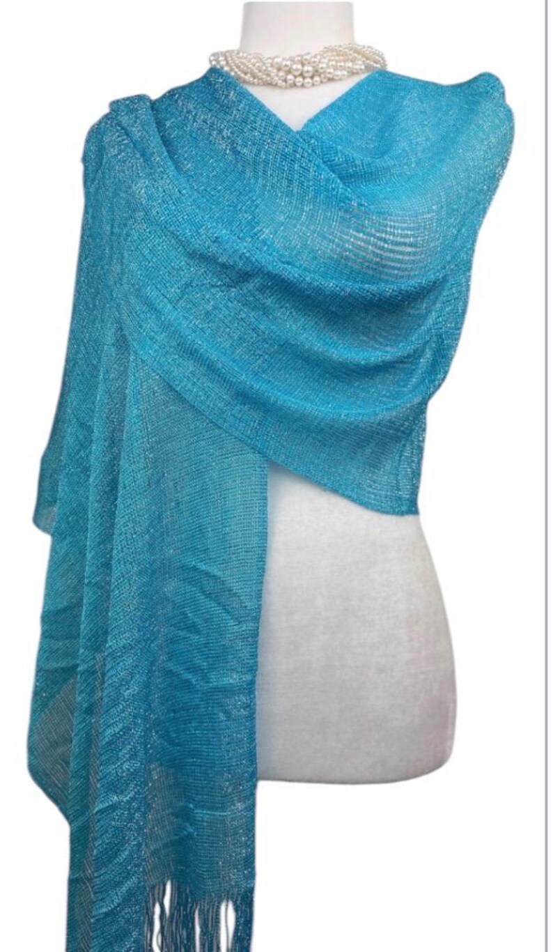 Turquoise blue Shimmer shiny sparkle metallic sheer mesh scarf|wedding favors|Evening coverup|Beach Sarong|Mantilla|Rave Festival Scarf image 11
