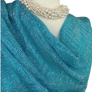 Turquoise blue Shimmer shiny sparkle metallic sheer mesh scarf|wedding favors|Evening coverup|Beach Sarong|Mantilla|Rave Festival Scarf image 1