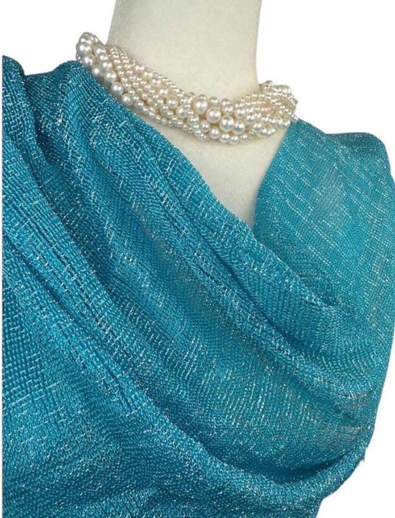 Turquoise blue Shimmer shiny sparkle metallic sheer mesh scarf|wedding favors|Evening coverup|Beach Sarong|Mantilla|Rave Festival Scarf image 1