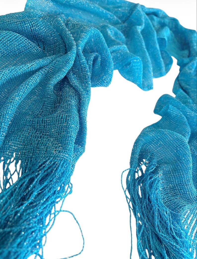Turquoise blue Shimmer shiny sparkle metallic sheer mesh scarf|wedding favors|Evening coverup|Beach Sarong|Mantilla|Rave Festival Scarf image 12