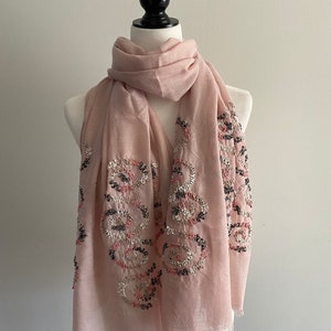 Blush pink Light weight thin scarf for women|Blush pink shawl|Black scarf embroidery|Warm winter scarf|Frayed edge scarf|