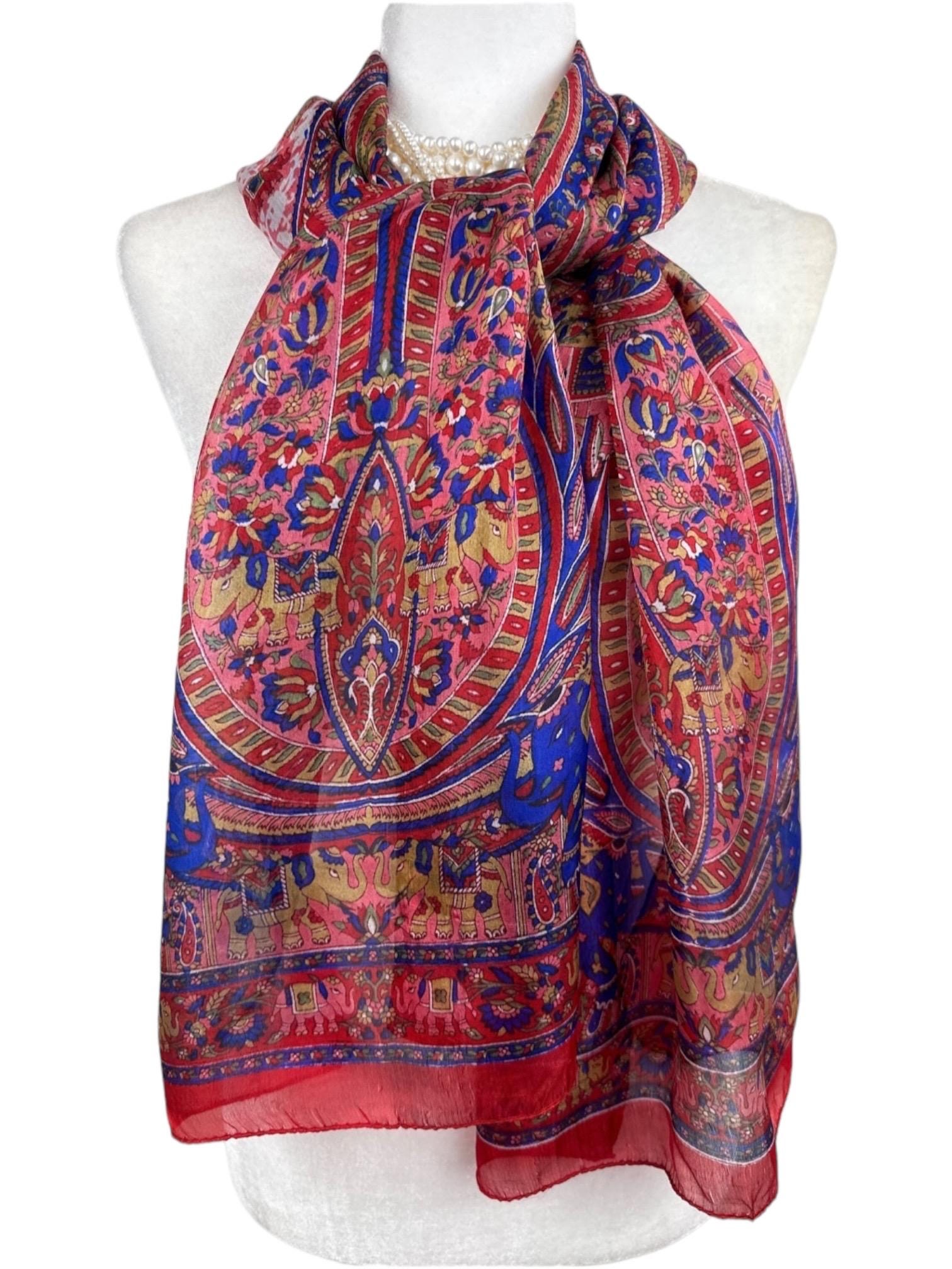Red Silk Neck Scarf |Elegant Floral Paisley All-Season Wrap | Dressy Formal Special Occasion Gift  |Non-Itchy| 20"W X 70"L