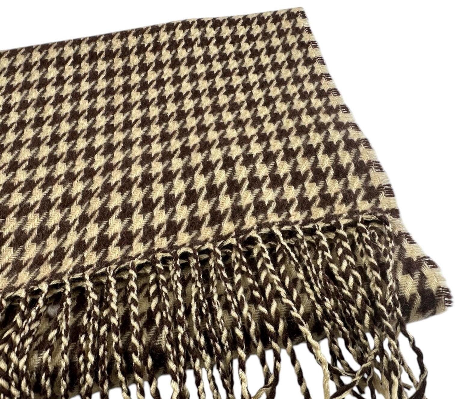 Tan and Brown Houndstooth Scarf - Acrylic Unisex Classic Neck