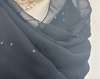 Black Sheer Chiffon floral sequins embroidery scarf for women|Dressy Formal Shawl|Bridal wedding wrap|wedding favors|Evening coverup|Shrug