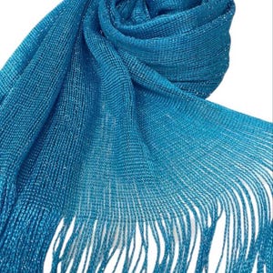 Turquoise blue Shimmer shiny sparkle metallic sheer mesh scarf|wedding favors|Evening coverup|Beach Sarong|Mantilla|Rave Festival Scarf image 7