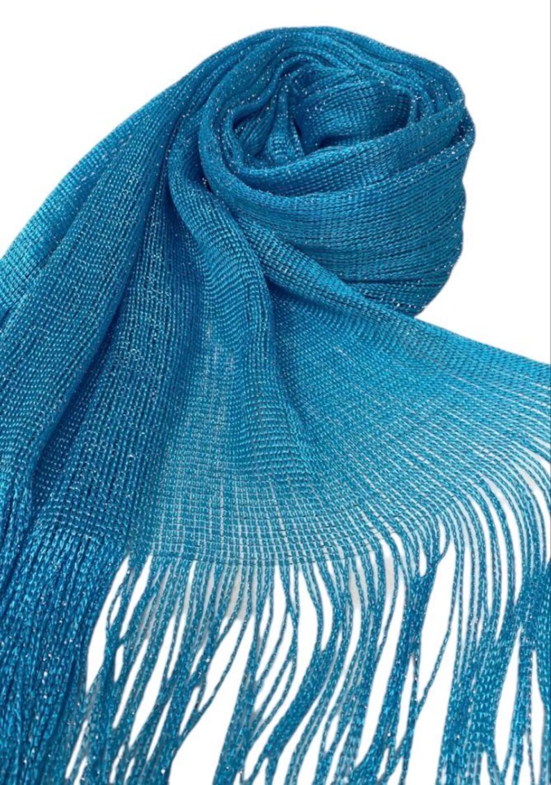 Turquoise blue Shimmer shiny sparkle metallic sheer mesh scarf|wedding favors|Evening coverup|Beach Sarong|Mantilla|Rave Festival Scarf image 7