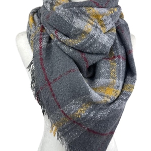Gray Plaid Large Warm Square Scarf|Personalizable wrap|Frayed edge Soft blanket scarf|Non scratchy itchy|winter Fashion scarf|Giftable