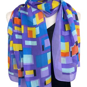 Purple lilac blue multi color fashion scarf|Light weight poly chiffon abstract transparent neck scarf|All season scarf without fringe|