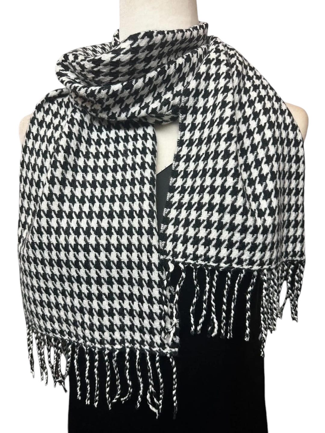 Black and White Houndstooth Scarf - Acrylic Unisex Classic Neck